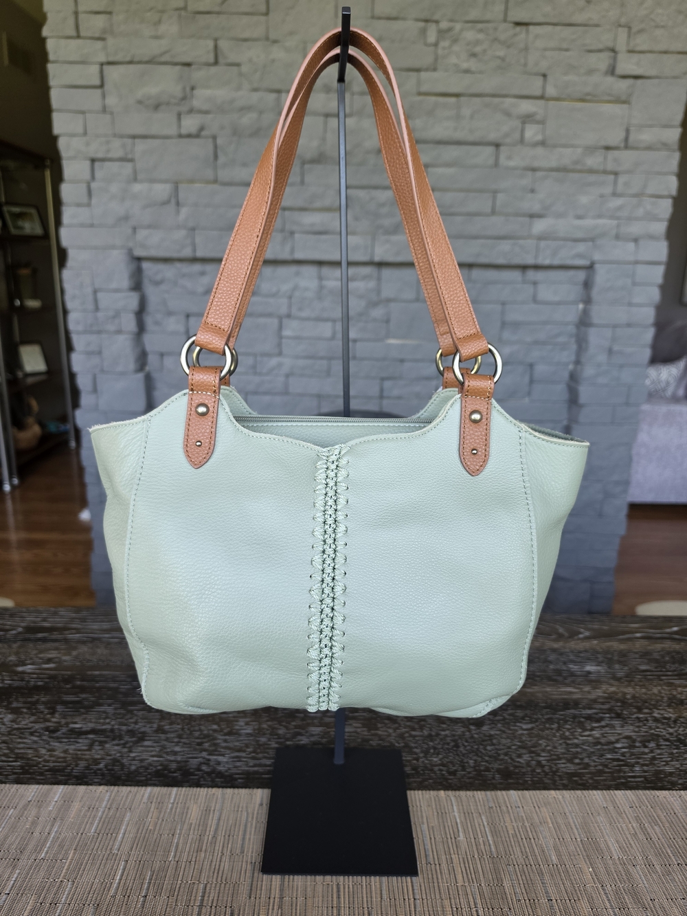 The Sak Sage Green Leather Satchel with Tan Straps